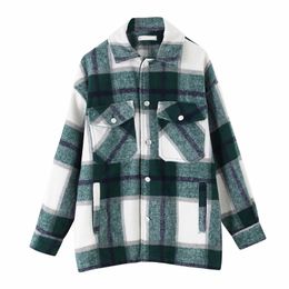 Ladies Vintage Stylish Pocket Oversized Plaid Jacket Women Coat Lapel Collar Long Sleeve Loose Outerwear Jacket Female Chic Tops 201112