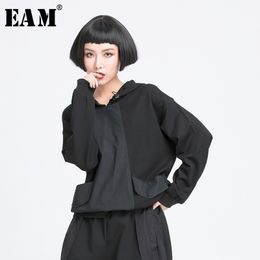 [EAM] Women Black Pocket Split Joint Drawstring Big Size T-shirt New Hooded Long Sleeve Fashion Tide Spring Autumn 1Y772 201029