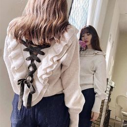 autumn and winter new women's clothing Japanese cute wood ear straps Slim fit front and rear knit sweater sweater 201222