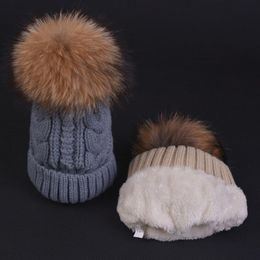 New Womens Warm Fleece Inside Beanie Hats Winter Mink Raccoon Pompom Hat Female Cap Skullies For Girl
