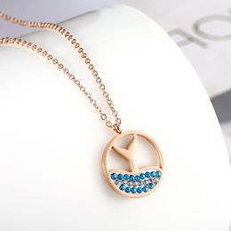 Rose Gold Plated Stainless Steel Dolphin Tail Pendant Necklace White and Blue Rhinestone Jewelry for Womens Gift