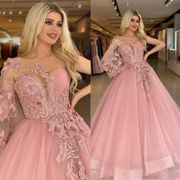 Blush Lace Appliqued Prom Dresses Long Sleeves Sheer Bateau Neck A Line Beaded Evening Gowns Sweep Train Tulle Pleated Formal Dress