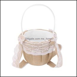 Gift Wrap Event & Party Supplies Festive Home Garden Western Style Wedding Decor Hessian Burlap Flower Girl Basket With Lace Bowknots Rustic