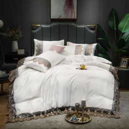 Luxury 2 or 3 or 4pcs Lace Silk Bedding Set Satin Duvet Cover Set with Flat Sheet Zipper Closure Twin Queen King 7 patterns 2012102213