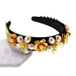 Hot Sale Golden Sunflower Leaf Crown Baroque Prom Hair Band Pearl Hair Jewellery Wedding Tiara Accessories For Women Headdress