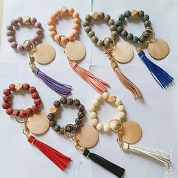 Fedex Personalised PU leather tassel pendant carved wood bead elastic rope bracelet key chain wholesale multi-color options