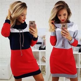 Women Winter Turtleneck Long Sleeve Hooded Plus Size Autumn Striped Colorful Hoodie Dress Sweatshirt Dress 201028