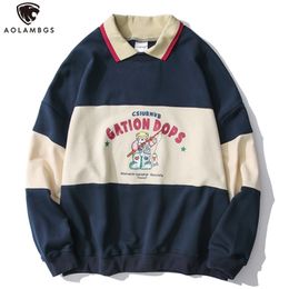 Aolamegs Striped Patchwork Hoodies Autumn Sweatshirts Men Cute Print Casual Hooded Pullover Couples False Two Harajuku Colthing 201020