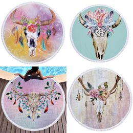 150x150cm Deer Skull Fringes Towel Round Flower Textile Printing Bath Loop Towels Beach Soft Touch Blanket Popular 30jm G2