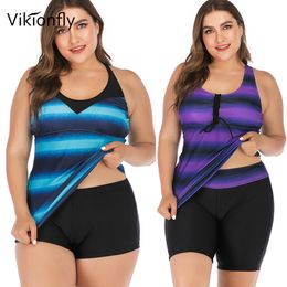 Vikionfly 5XL 4XL Plus Size Swimwear Women Tankini Swimsuits 2020 Stripe Sport Swimming Suit For Women Bathing Suit With Shorts T200708