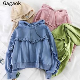 Gagaok Women Sweet Hoodies Spring Autumn New Solid Hooded Ruffles Loose Casual Simple Chic Wild Female Fashion Pullover 201126