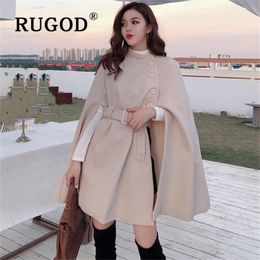 RUGOD Korean New Style Solid Colour Loose Cape Coat Collect Waist Woollen Medium Long Coat Women Winter Tops For Woman LJ201110