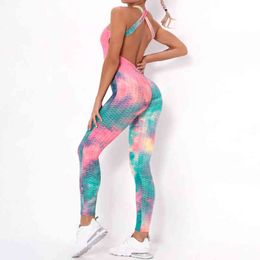 Women Bodysuit Yoga Sport Tie-Dye Fitness Clothing Women's One-Pieces Sports Suit Workout Gym Fitness Jumpsuit Sexy Yoga Pants H1221