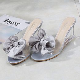Dwayne PVC Transparent Slippers Open Toes Sexy Bow-knot High Heel Crystal Women's Slippers Transparent 8CM Wedge High Heel Shoes X1020