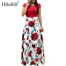 HiloRill Women Summer Long Dress Floral Print Bohemian Beach Maxi Dress Patchwork Short Sleeve Dresses Vestidos Verano 2020 LJ200818