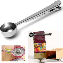 Stainless Steel Coffee Measuring Spoon With Bag Seal Clip Silver Multifunction Jelly Ice Cream Fruit Scoop Spoons Kitchen Accessories