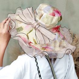 Fashion Women Big Bow Wide Brim Streak Cap Summer Floral Sunhat Kentucky Derby Church Mesh Hat Y200714