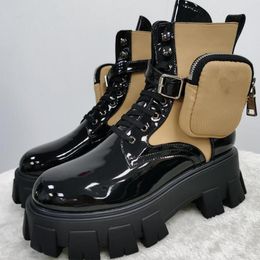 New Motorcycle Women Boots Lace Up Thick-soled Winter Boots Pocket Decor Black Shiny Leather Woman Botas De Mujer Leather