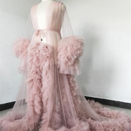 Dust Pink See Through Bridal Sleepwear Photography Robes Tiered Ruffles Custom Made Women Nightgowns Real Photo