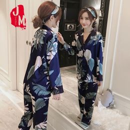 5XL Satin Silk Pajamas For Women's Set Long Sleeve Flower Printed Pigiama Set Long Sleepwear Nightwear Loungewear Pjs Plus Size 201027