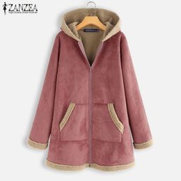 Plus Size ZANZEA Winter Zipper Fleece Jackets Women Vintage Solid Hooded Long Sleeve Warm Coats Overcoats Femme Outwear T200212