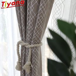 Brown Geometric Blackout Window Drapes Panel White Mesh Yarn Nordic Modern Chenille Jacquard Curtains for Living Room W-HM156#301
