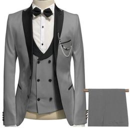 Elegant Grey Men Suit Prom Tuxedo Slim Fit 3 Piece (Jacket+Vest+Pants) Groom Wedding Suits For Men Custom Blazer 201105