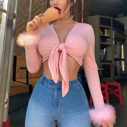 Women Long Sleeve Fur V-neck Wrapped Bandage Sexy Crop Tops Autumn Winter Women Streetwear Club Party Outfits T shirts 201028