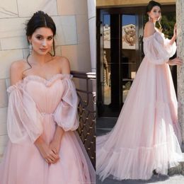 Arabic Pink Fancy Princess Prom Dresses Off Shoulder Puffy Sleeves Formal Evening Dresses Pageant Gowns Plus Size