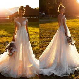 2021 New Wedding Dresses Capped Sleeve Lace Appliques Sequins Bridal Gowns Custom Made Button Back Sweep Train A Line Wedding Dress