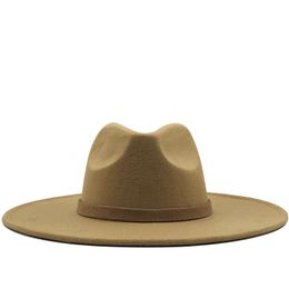 Wide Brim Fedora Hat For Women Solid Color Wool Felt Hat For Men Autumn Winter Panama Gamble gray Jazz Cap Q1216