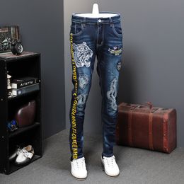 Autumn Holes Patch Jeans Male Elastic Tiger Head Leisure Time Tide Brand Designer Jeans Long Pants Embroidery Printing Tide 201117