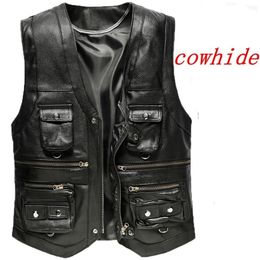 Cowhide Genuine Leather Vest Men Brown Waistcoat Male Sleeveless Jacket Thick Motorcycle plus size Vest Multi Pocket Zipper 201216