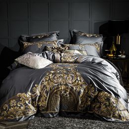 Luxury Grey Red 1000TC Satin Egyptian Cotton Bedding set Gold Royal Embroidery Queen King Duvet Cover Bed Linen/sheet Pillowcase 201128