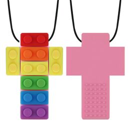 Baby Teether Rainbow Brick Chew Necklace Babe Silicone Teethers Autism Sensory Therapy Tools Kids Chewy Toys 7 Colours