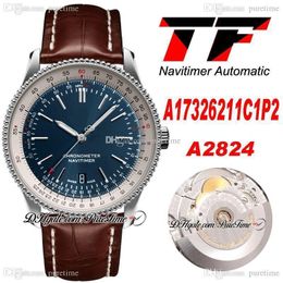 TF 41/38mm A17326211C1P2 ETA A2824 Automatic Mens Watch Steel Case White Inner Blue Dial Brown Leather With White Line Super Edition Watches Puretime TF03c3