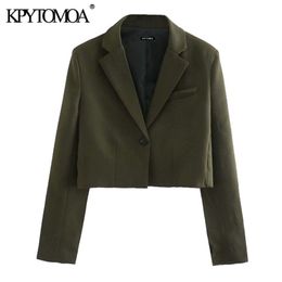 KPYTOMOA Women Fashion Single Button Cropped Blazers Coat Vintage Notched Collar Long Sleeve Female Outerwear Chic Tops 201201