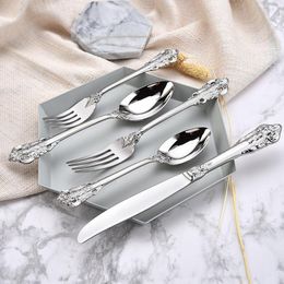 High-grade retro flatware set silver and gold stainless steel cutlery set knife fork spoon 5-piece dinnerware set tableware