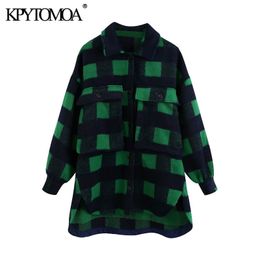 KPYTOMOA Women Fashion Oversized Woollen Plaid Jacket Coat Vintage Long Sleeve Pockets Asymmetric Female Outerwear Chic Tops