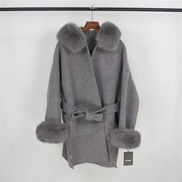 OFTBUY Real Fur Coat Winter Jacket Women Natural Fox Fur Collar Cuffs Hood Cashmere Wool Woolen Oversize Ladies Outerwear 201210