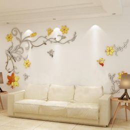 Wall Stickers Big Size Flower For Wall, 3D Acrylic Mirror Sticker Living Room Bedroom Decoration Silver And Gold Decals Art