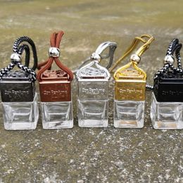 Square Perfume Glass Bottle Pendant Cube Hollow Car Perfume Bottle Rearview Ornament Hanging Air Freshener For Essential Oils Diffuser Fragrance 10pcs CX220110