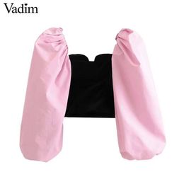 Vadim women stylish patchwork velvet blouses lantern sleeve shirts female casual short style chic tops blusas mujer T200321