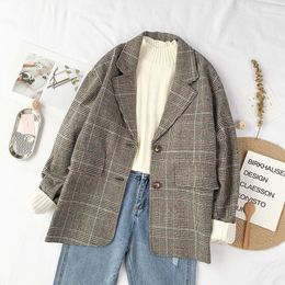 Autumn Korean Vintage Plaid Blazers Women Fashion Art Style Loose Notched Two Buttons Blazer Female All Match Casual Clothing 201114