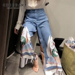 CHEERART Japanese Wide Leg Pants Women Ukiyoe Print Summer Pants Loose Trousers Palazzo Pants Blue Clothing 201106