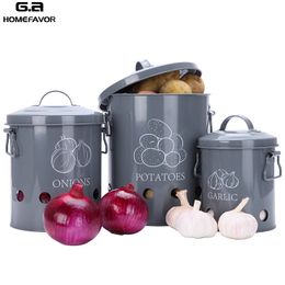 3 Pcs Food Container Storage Bins Garlic Onions Potatoes Box Kitchen Breathable Metal Buckets Factory Custom Boxes Sets 201030