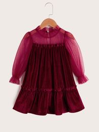 Toddler Girls Contrast Mesh Frill Trim Flounce Sleeve Ruffle Hem Velvet Dress SHE