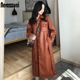 brown leather trench coat womens Canada - Nerazzurri Autumn brown leather coat women long sleeve belt buttons Plus size long leather shirt women 7xl Leather trench coat 201030
