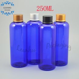 Blue Plastic Bottles with Aluminum Cap ,250CC Empty Cosmetic Containers,Lotion Cream Makeup Bottles, Refillable Shampoo