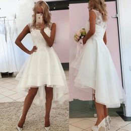 Simple Chaep New High Low Bohemian A Line Dresses Beach Jewel Sheer Neck Tiered Lace Wedding Dress Bridal Gown Boho Robe De Mariee